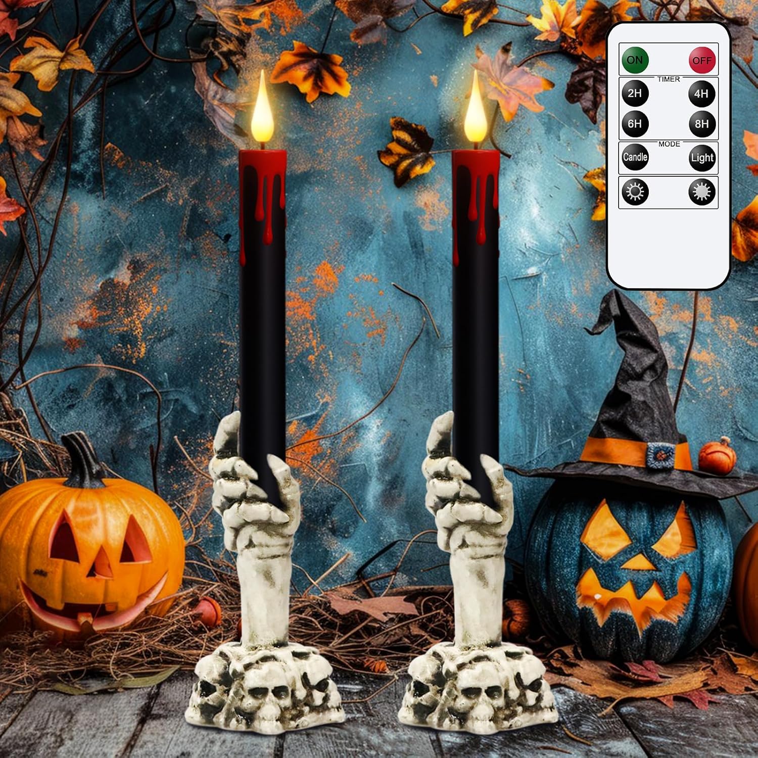 eldnacele halloween flameless taper candle lights battery operated with remote and timer, 2 pack skeleton hand holders black dripping wax effect led flickering candles home decor(3” x 12”) 1-skeleton hand