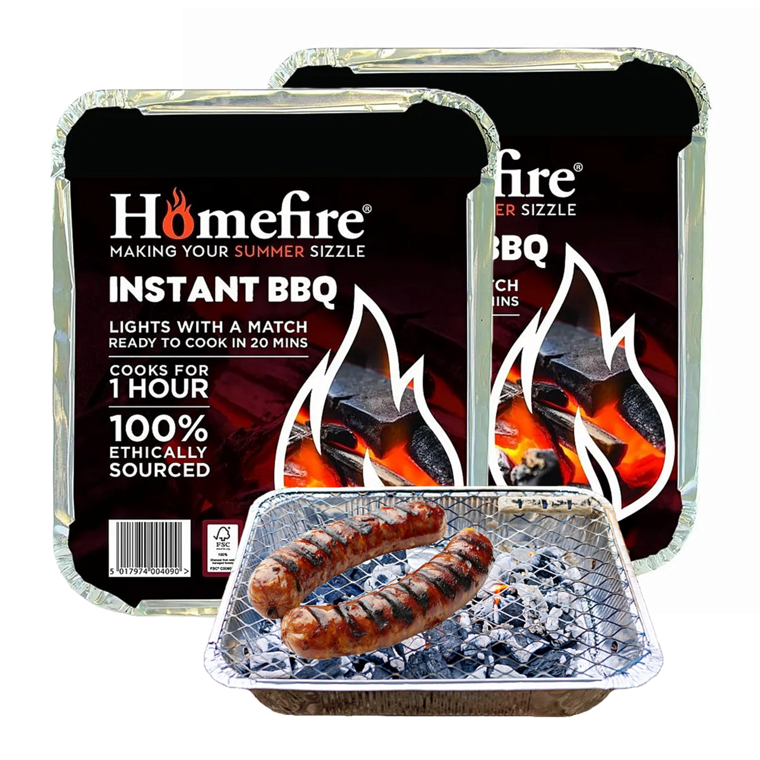 Homefire Disposable Portable BBQ Grill Tray - Pack of 2 Instant Light Charcoal Barbecues Grill Tray with Topline Card for Garden BBQs, Camping BBQ, Fishing or Picnic Set