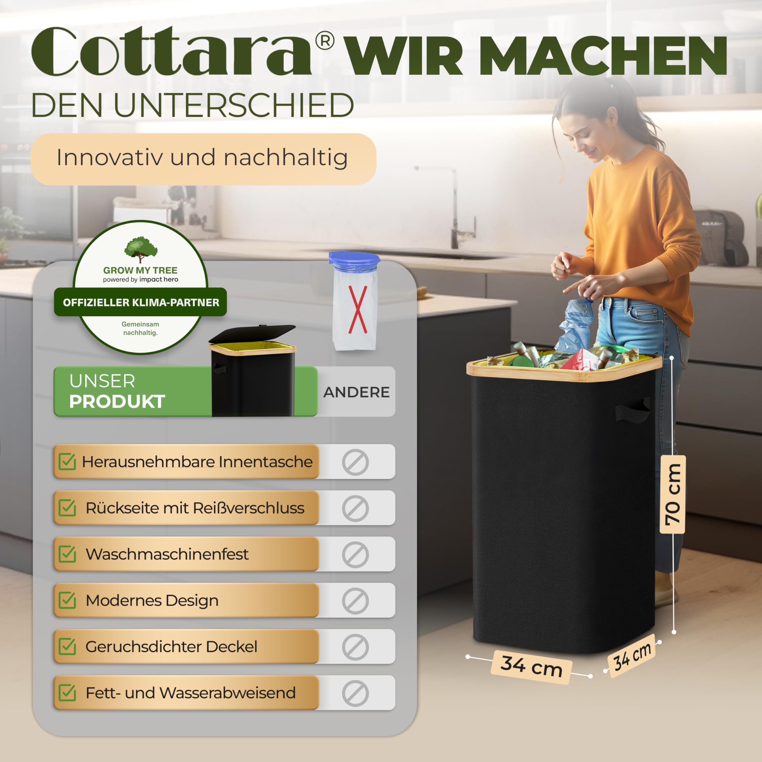 COTTARA® Gelber Sack Ständer Mülleimer mit Deckel Müllsackständer für Gelbe Säcke mit Bambusrahmen und Reißverschluss auf Rückseite, 60-120L Müllsystem Behälter für Recycling schwarz