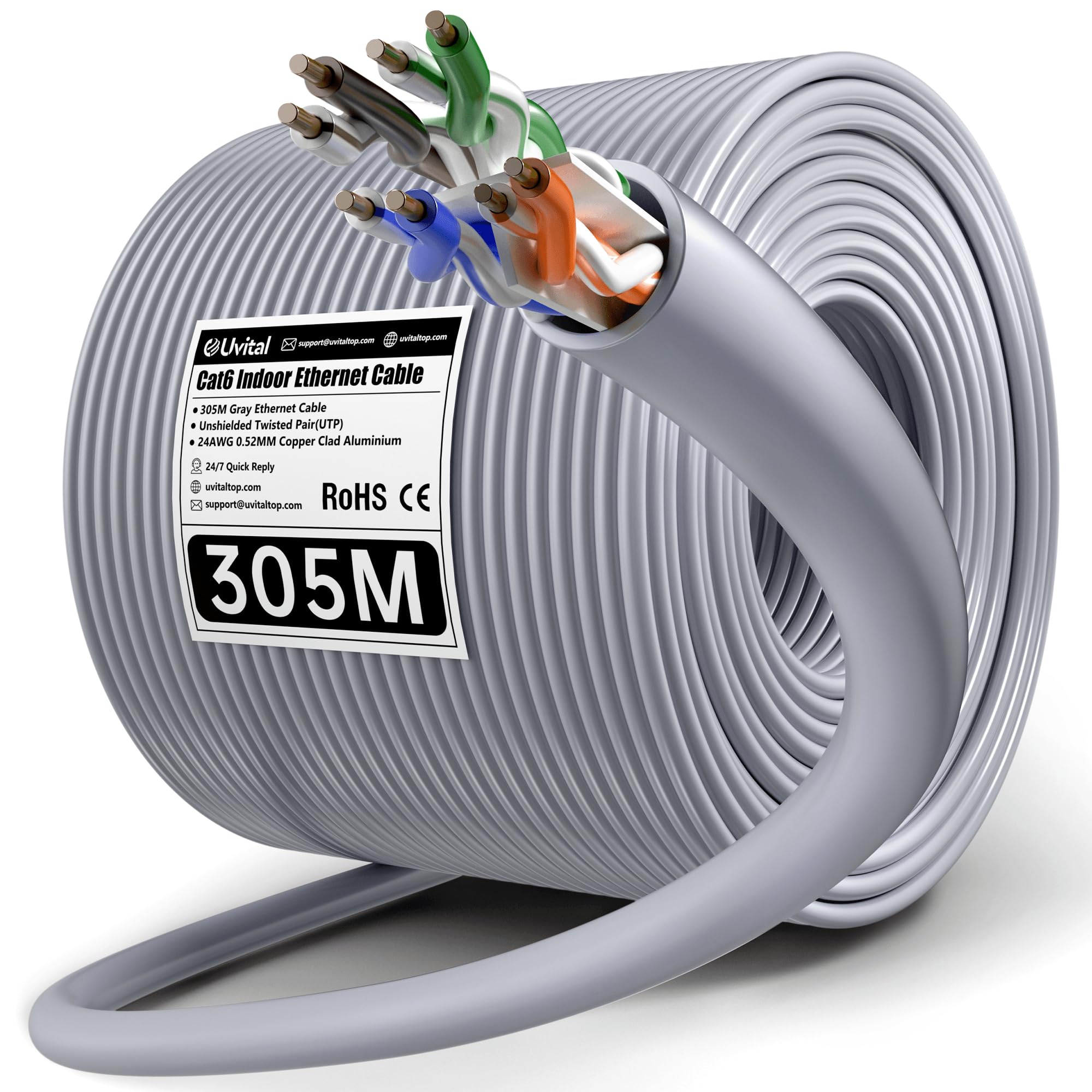 Uvital Cavo Ethernet Cat 6 da 305 m, cavo Internet ad alta velocità per interni, cavo di rete Gigabit 24AWG 1 Gbps, 250 Mhz, UTP CCA, compatibile con vari dispositivi di rete