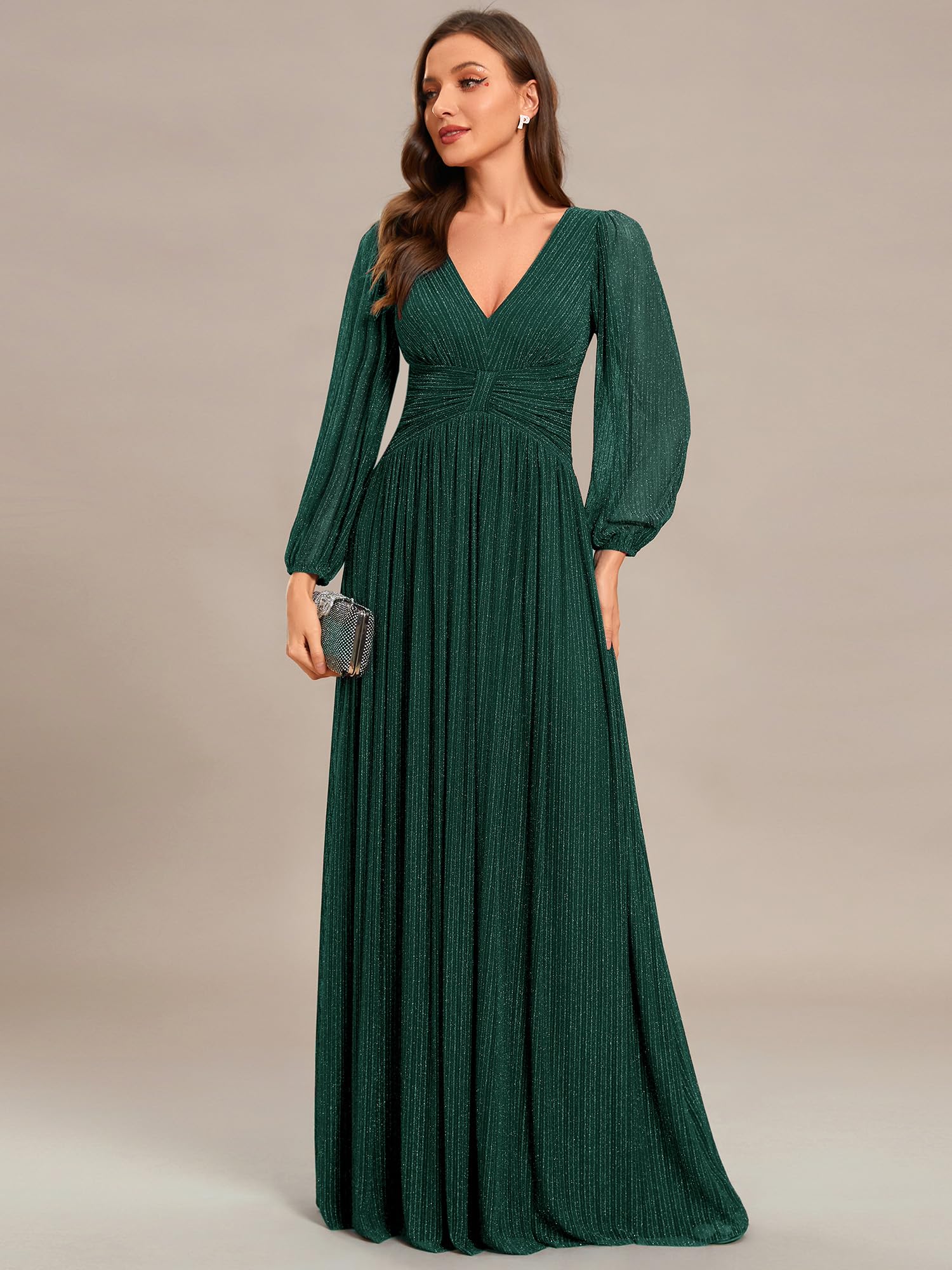 Ever-Pretty Abito da Sera Lungo con Paillettes, Plissettato, A Linea, Scollo A V, Elegante Ee01961-P