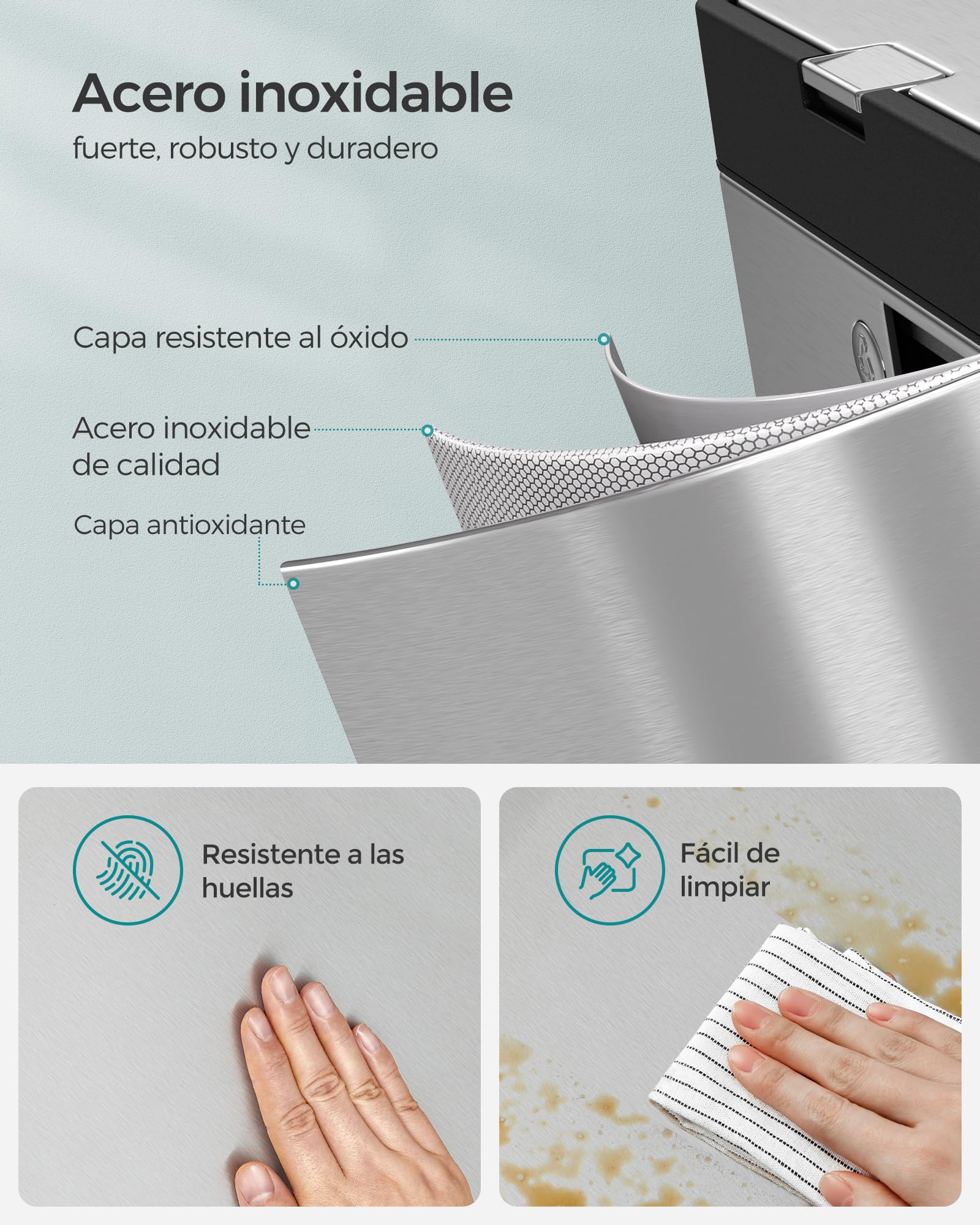 SONGMICS Papelera de Cocina, Cubo de Basura, Volumen de 2 x 17 L y 26 L, 3 Compartimentos para Basura General, Restos de Comida y Reciclaje, Filtro de Carbón, Pedal Ancho, Plata LTB550E60
