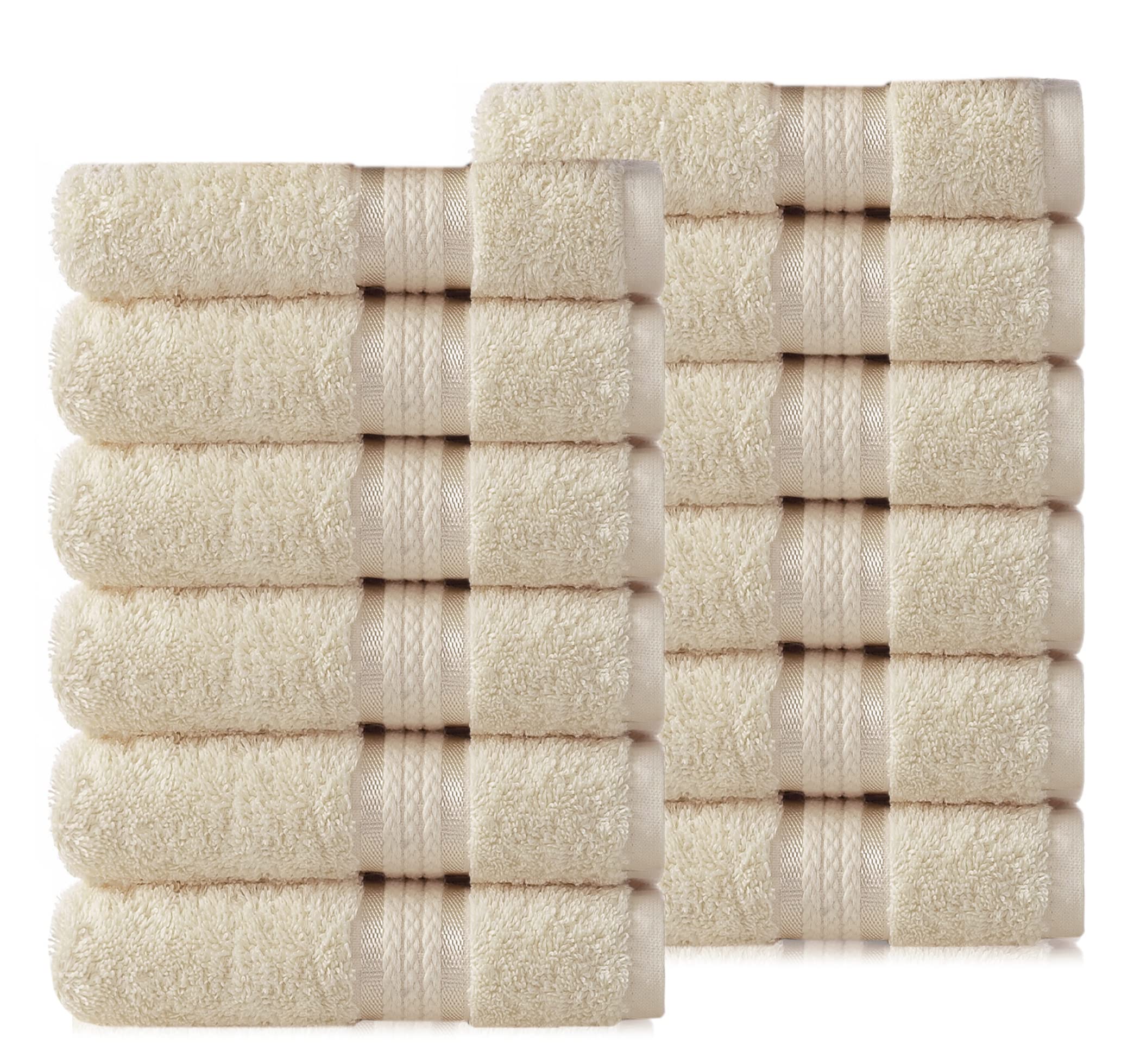 Cotton Craft Ultra Soft 12 Pack Wash Cloths 12x12 Ivory Weighs 2 Ounces Each - 100% Pure Ringspun Cotton - Luxurious Rayon Trim - Ideal for Everyday