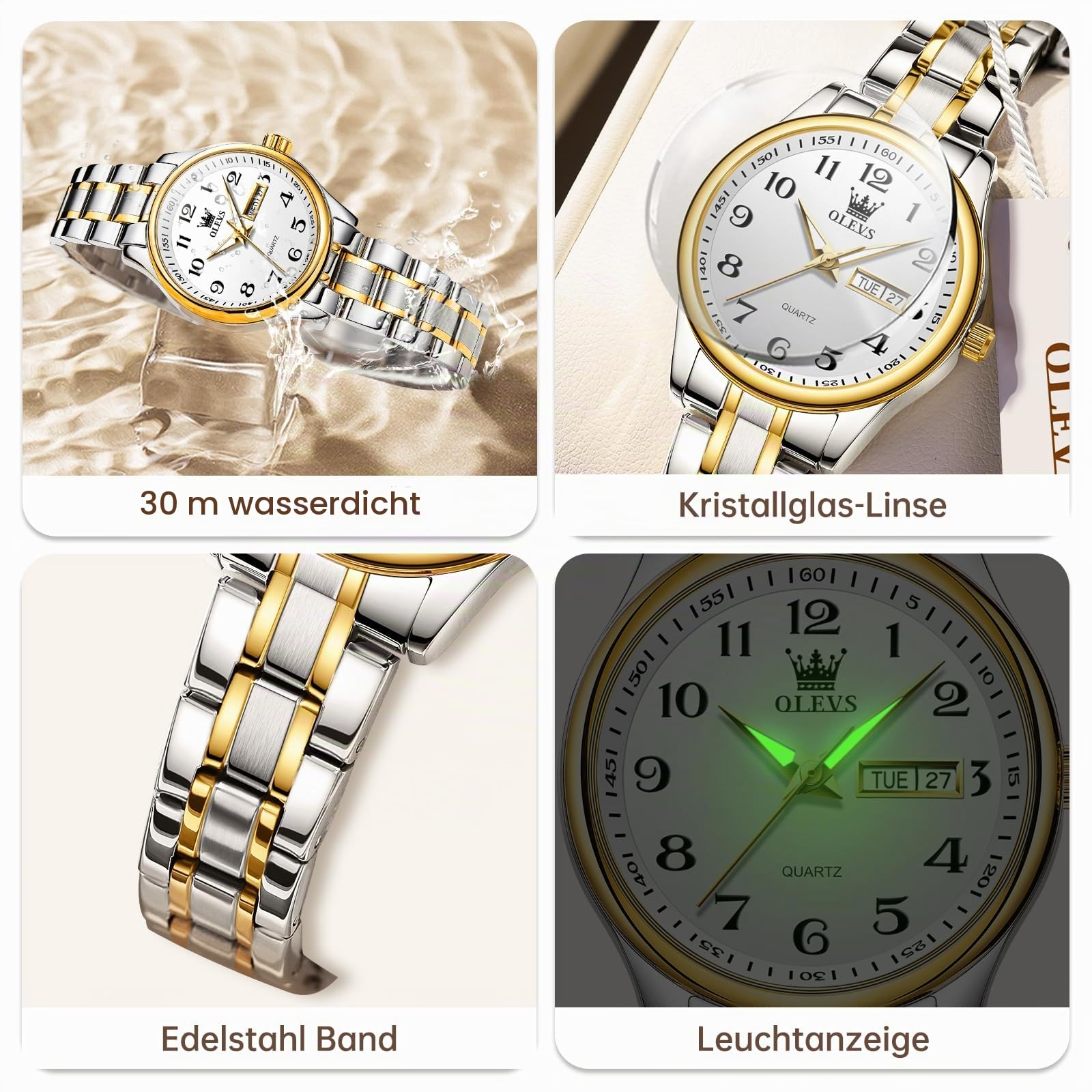 OLEVS Armbanduhr Damen, Edelstahl Analoge Quarz Tag Datum Damenuhr, Wasserdicht Kleines Gesicht Leuchtend Uhr Damen, Eleganz Freizeit Damenuhren