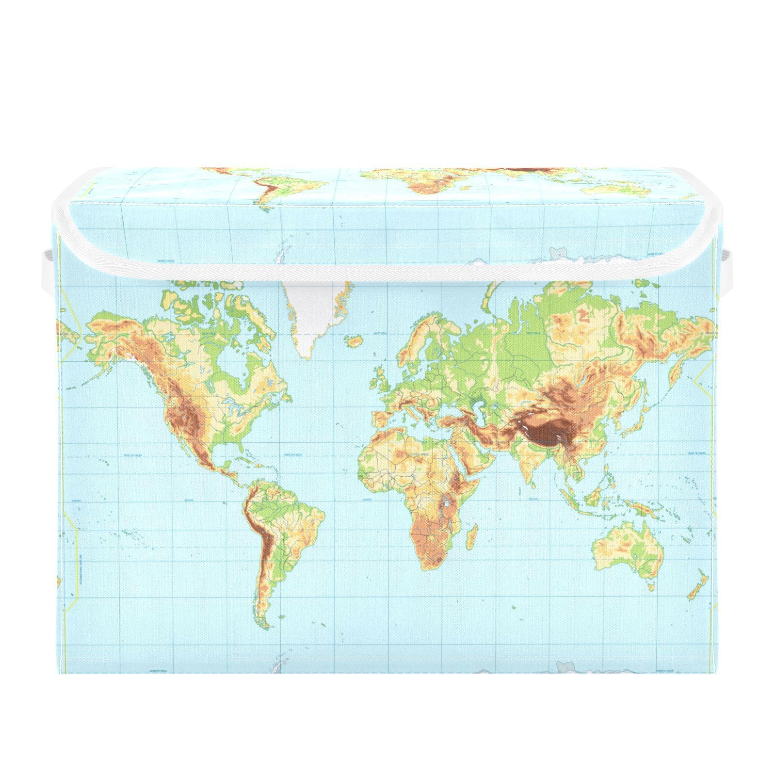 Yopersonalizes Storage Boxes with Lids, World Map Collapsible Fabric Storage Cube with Handles, Storage Baskets for Shelves Clothes Toys Wardrobe 42x32x30 cm