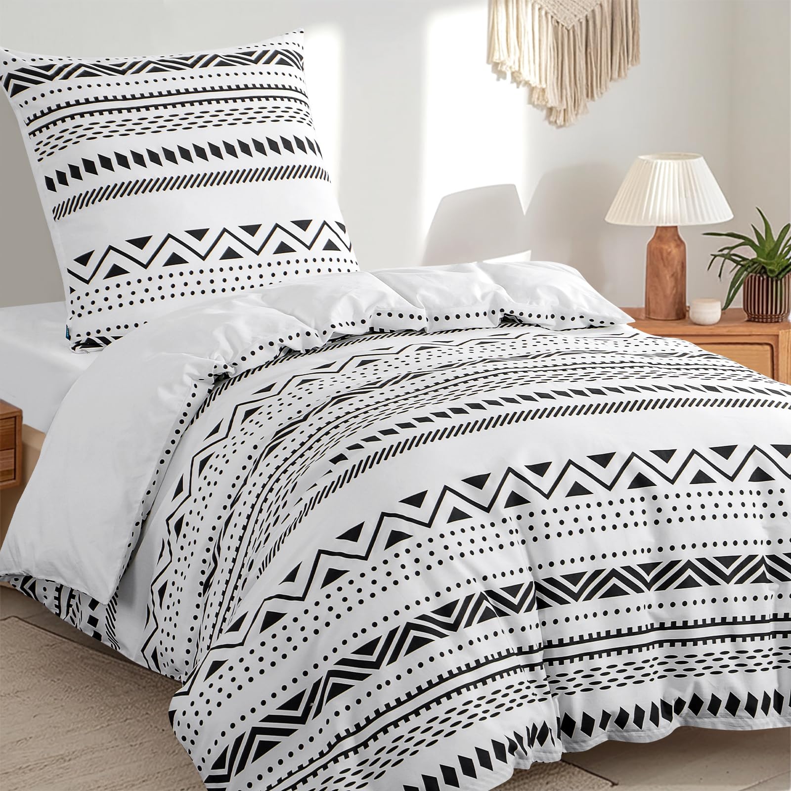 RUIKASI Biancheria da letto 155 x 220 cm, in cotone, 2 pezzi, colore grigio, 155 x 250 cm, 2 pezzi, con motivo boho grigio, set copripiumino da 2 pezzi, cotone con chiusura lampo