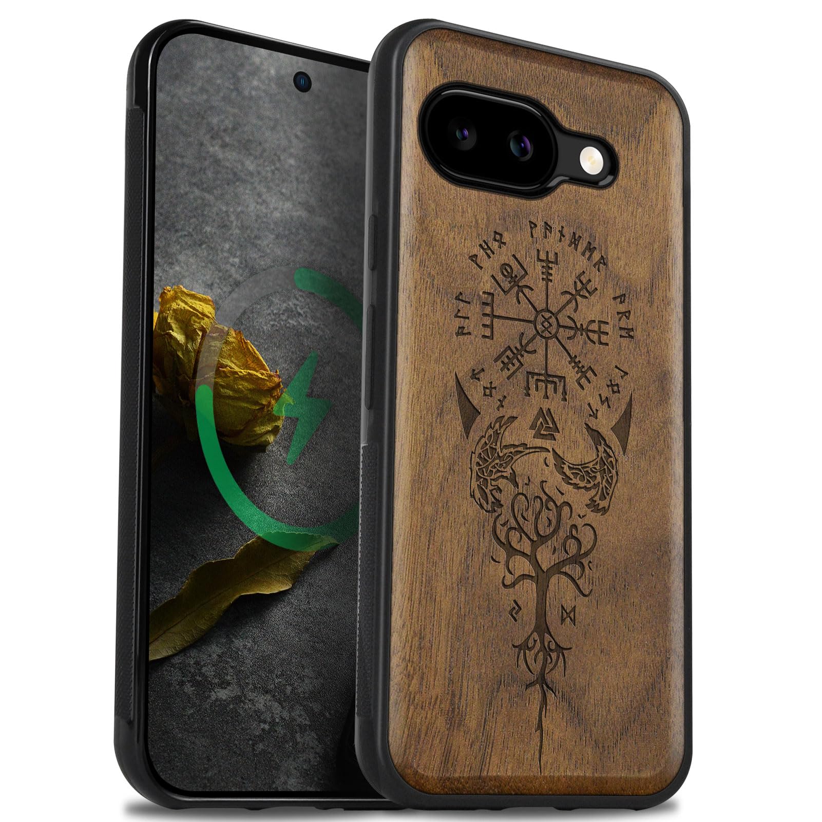 Coque bois Pixel 9a Carveit en noyer véritable gravé style viking - 7