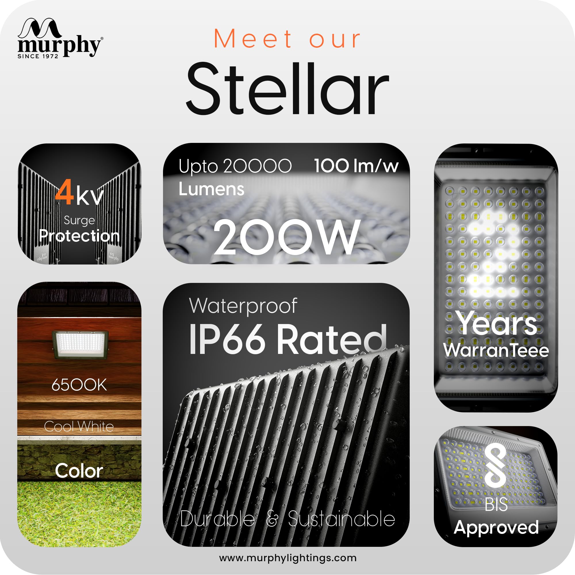 Murphy Stellar 200W LED Flood Light With Auto Day-Night Sensor | Ultra-Bright 6500K Cool White | IP66 Waterproof & Surge Protected | High Lumen Outdoor Security Light For Factory, (Pack of 1),Gu24 2
