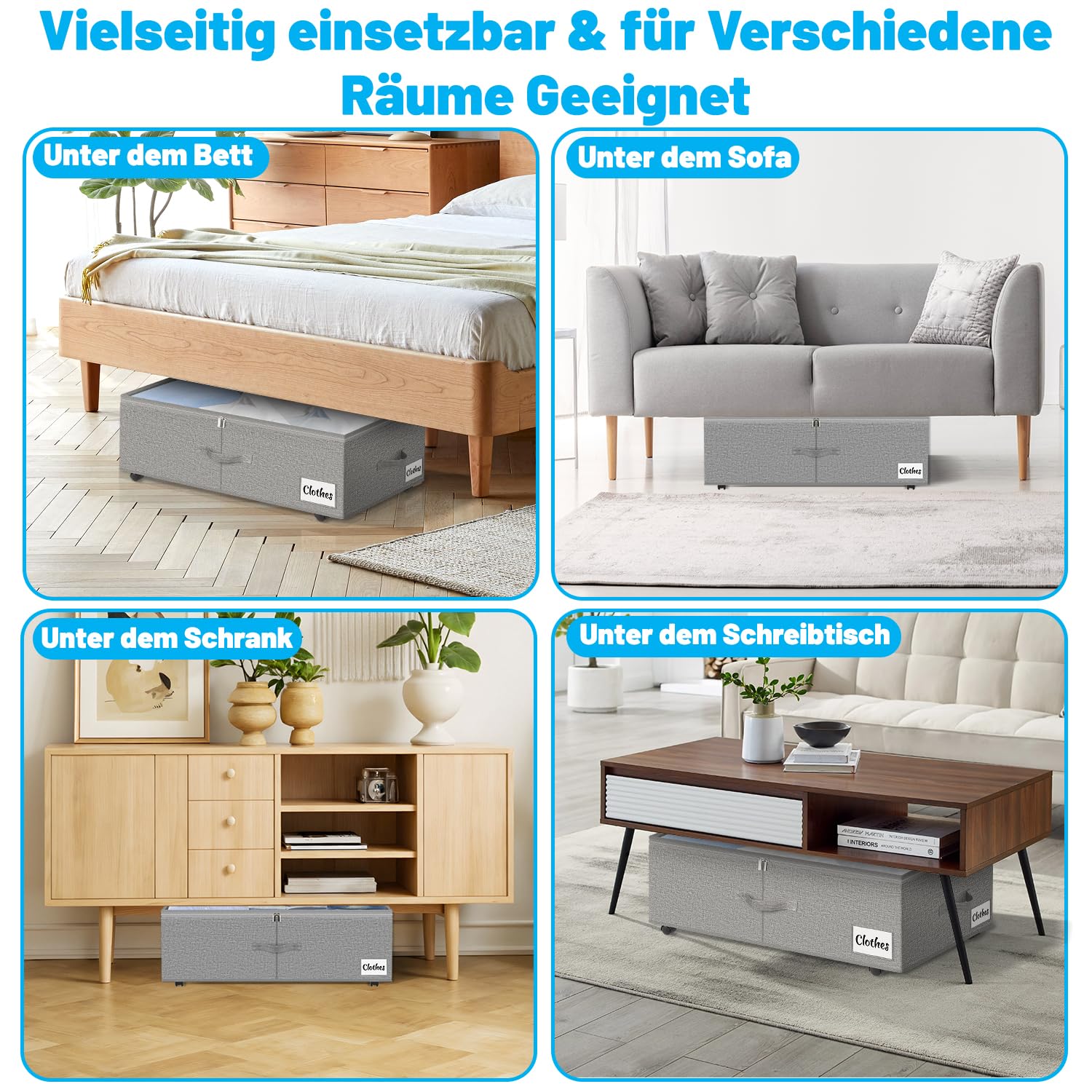 Cassettiera sotto il letto con ruote, rotazione a 360°, 2 pezzi, XXL, 60 l, con coperchio trasparente, montaggio rapido, per coperte, vestiti, scarpe e coperte, grigio