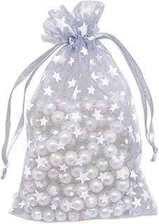 100-Pack 4x6 in Sheer Organza Gift Bags with Drawstring (Medium) - Metallic Stars (Silver/White) - for Wedding Party Favors, Jewelry, Candy, Treats Mesh Pouch by The Display Guys