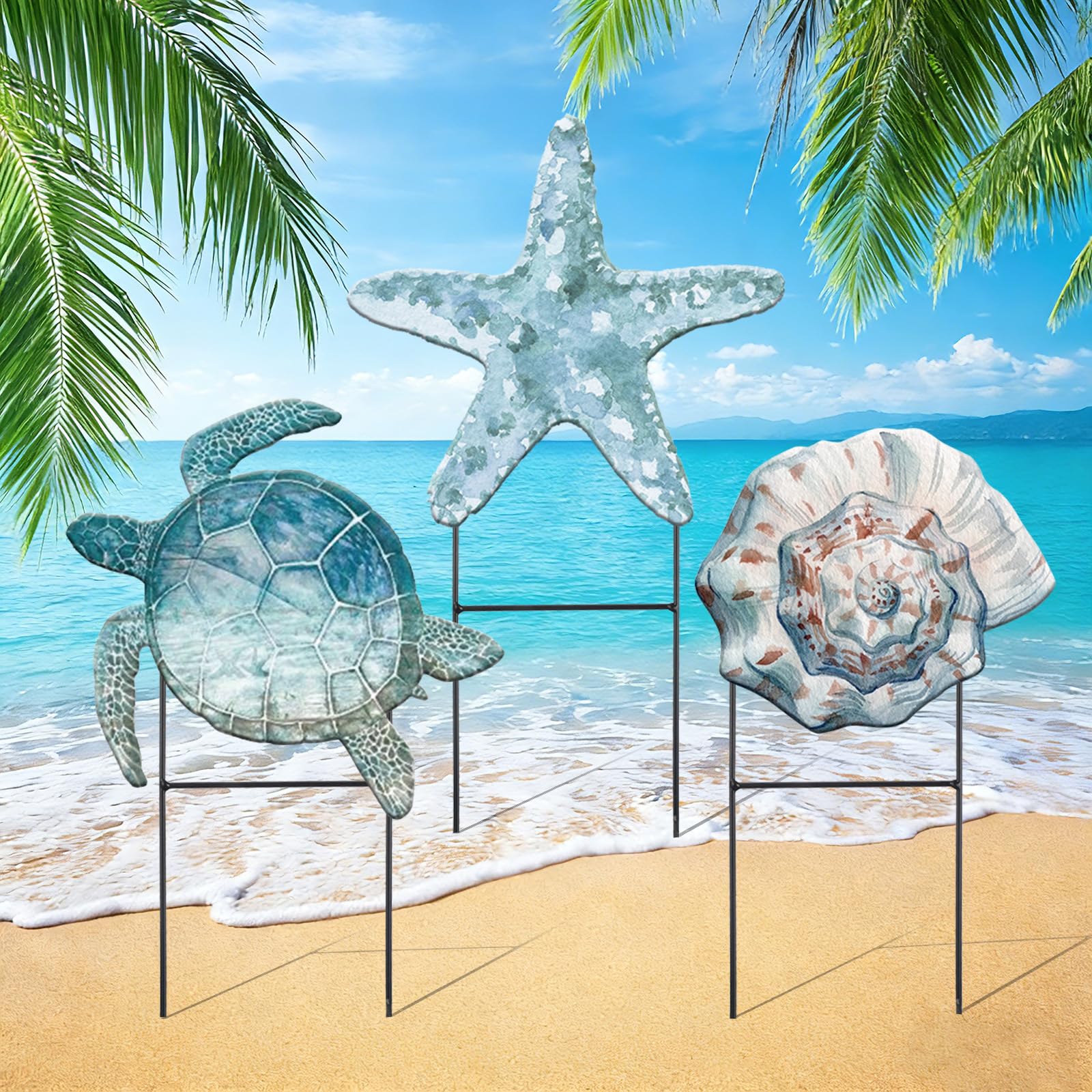 Moxweyeni 3 Pcs Outdoor Summer Ocean Decoration Metal Garden Stakes Turtle Starfish Conch Yard Sign with Stakes Beach Coastal Outdoor Decorations for Garden Pool Lawn Holiday Party Take Photos-image-47