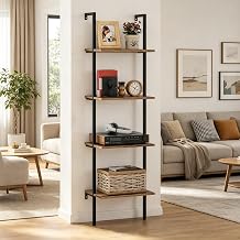 Wolawu Ladder Shelf 4 Tier Metal Industrial Bookshelf, Brown Wood Tall Open Storage Rack and Display Shelf Wall Mounted Wide Book Case for Home Office Bedroom Small