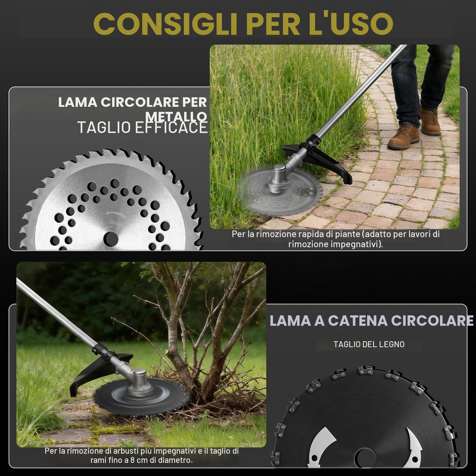 Decespugliatore a batteria da 1380 W con 2 batterie e caricatore, decespugliatore a batteria 7 in 1 con spazzola per erbacce, decespugliatore elettrico senza spazzole con 7 tipi di lame per giardini
