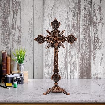 Jesus Kruzifix mit Ständer Zur Tischpräsentation 25 cm Hohes Religiöses Kreuz Antik Rot