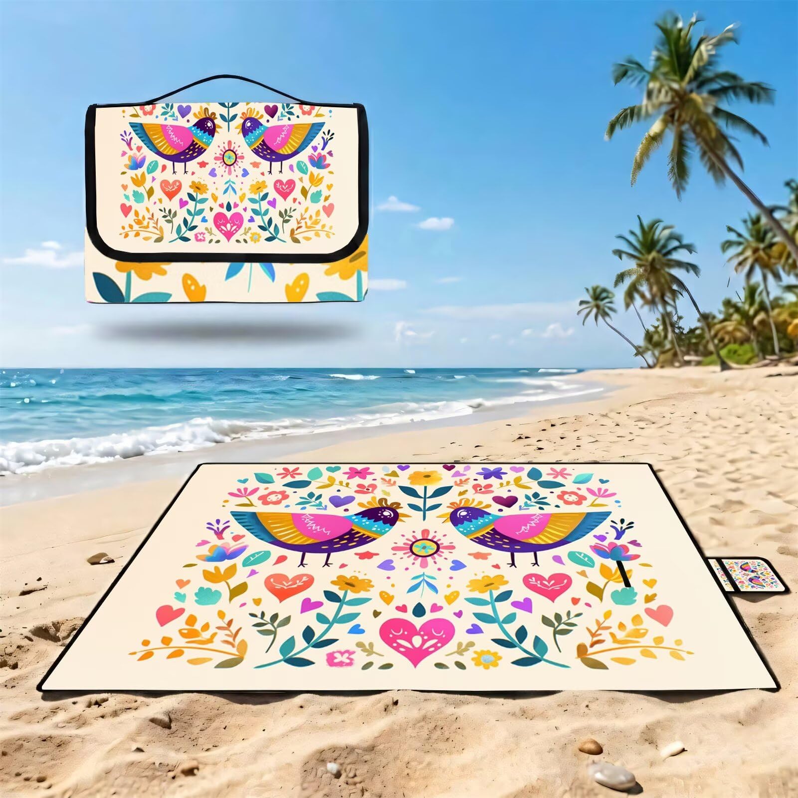 Couverture Pique Nique Grande 200x300cm,Outdoor Couverture Imperméable,Pliable Tapis de Plage Dos en PVC,Picnic Blanket pour Camping Accessoires,Jardin,Parc,Famille - Oiseau,imprimé UZ-350