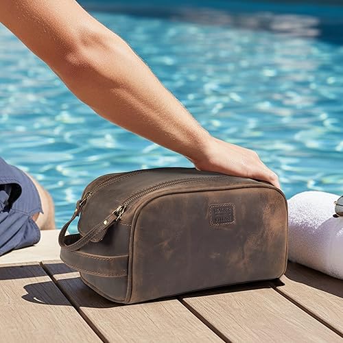 Miniatura 8 de LEATHER VILLAGE Bolsa de viaje para artículos de tocador de cuero premium con forro impermeable | Bolso estilo Dopp vintage hecho a mano de tamaño