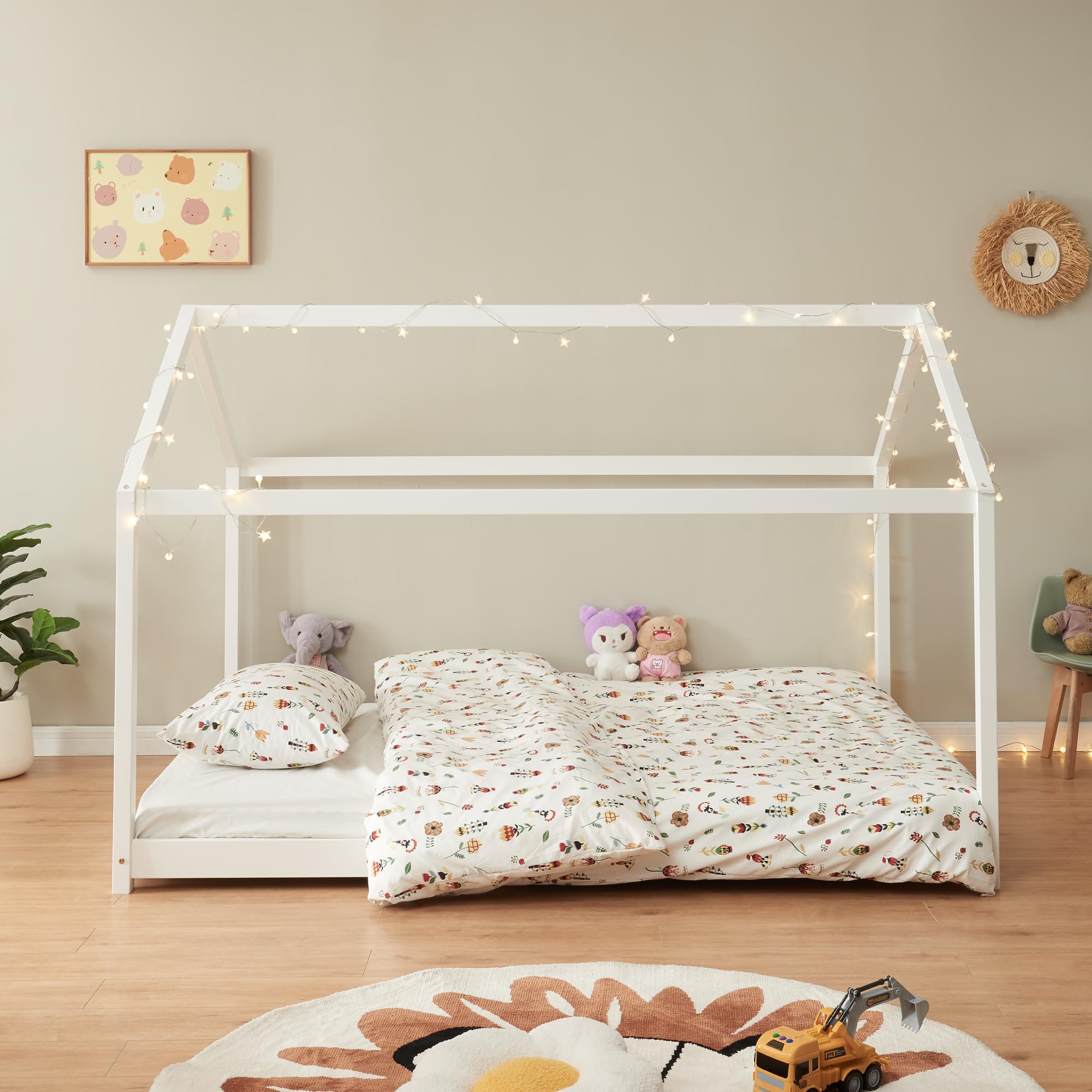 [en.casa] Letto per Cameretta a Forma di Casetta 120 x 200 cm Struttura Letto 1 Piazza e Mezza in Legno di Pino Stile Montessori - Bianco