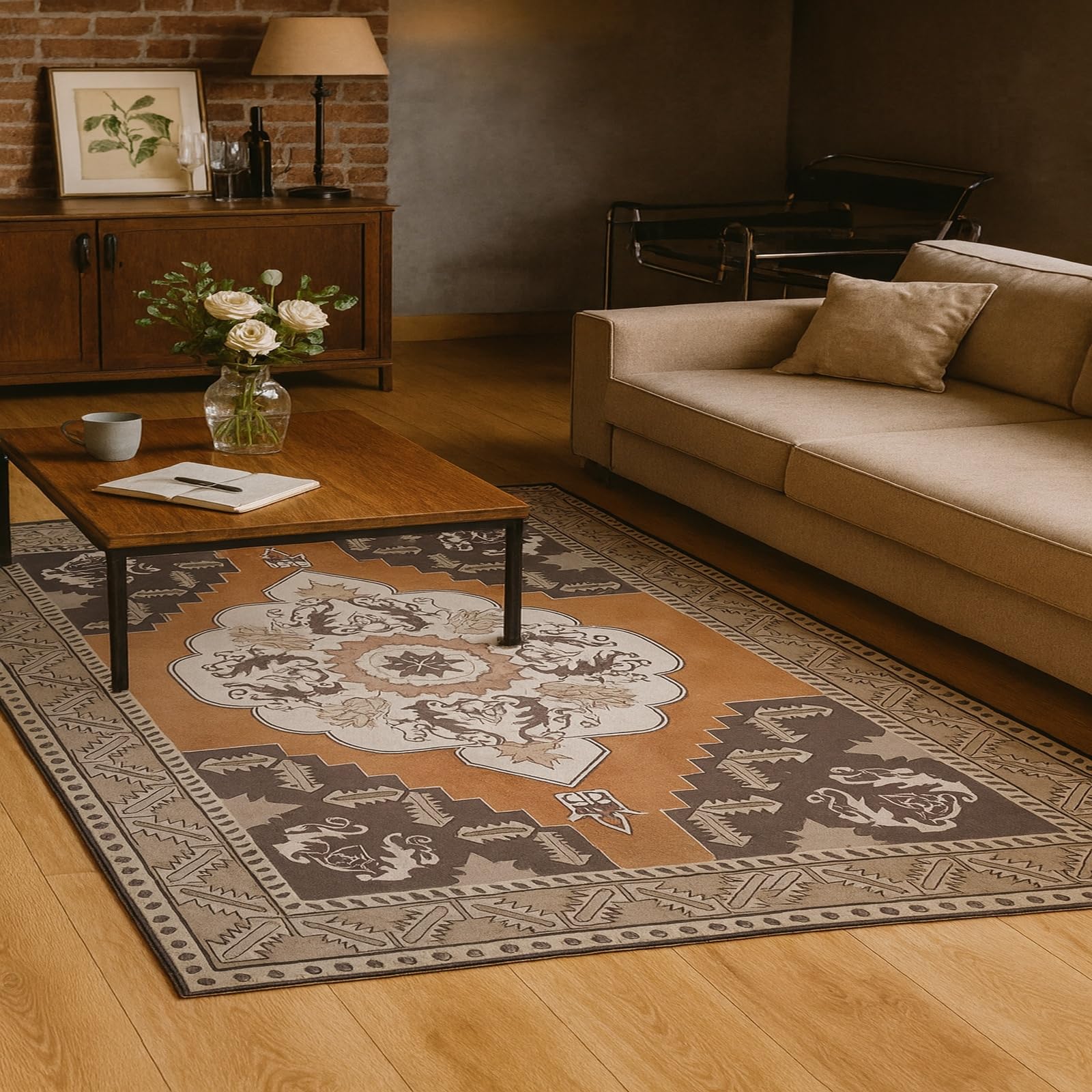 Tapis lavable et antidérapant 90x150 cm au design géométrique camel
