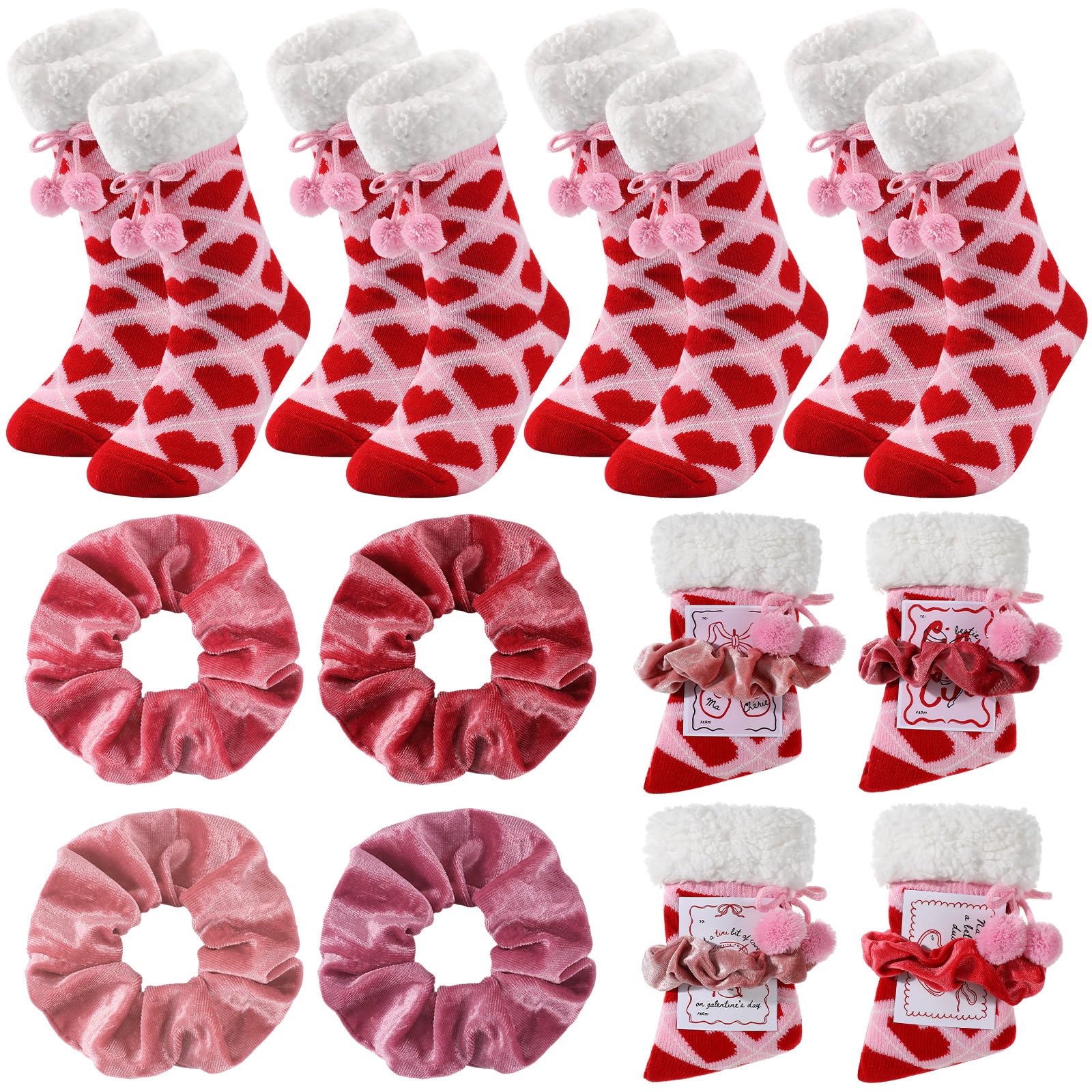 4 Sets/12 Pcs Galentine's Day Pink Gifts Sets Bulk Include 4 Pair Galentines Fuzzy Sock 4 Pcs Greeting Card 4 Pcs Velvet Hair Scrunchies for Women Friend Bestie Valentine's Day Party Favor