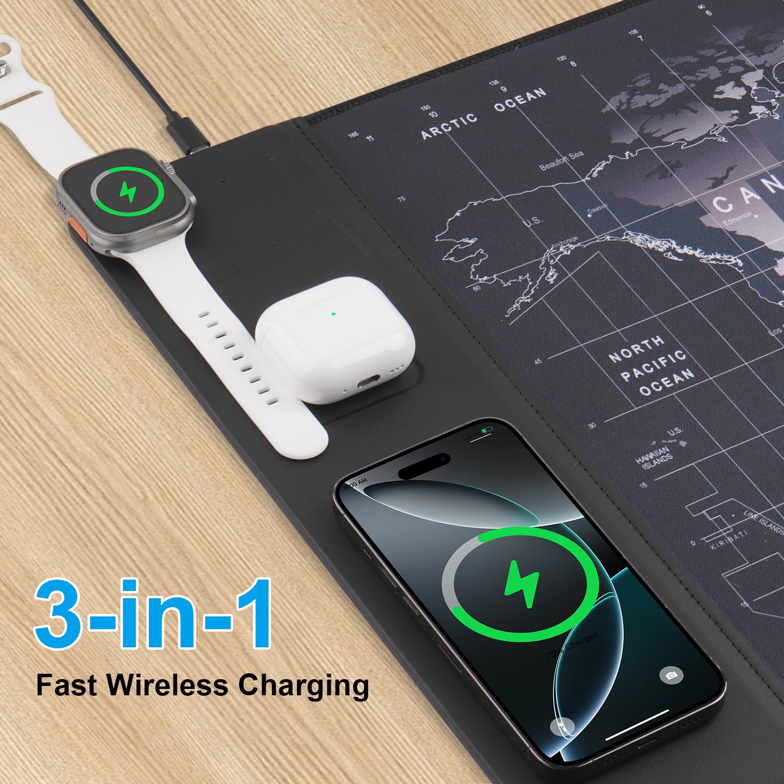 VOVIPO Pad de souris de charge sans fil 15W,Tapis de souris de jeu imperméable,XXL grand tapis de bureau 90 x 40cm, Carte du monde noire Computer Desk Pad noir pour MacBook/PC/ordinateur portable