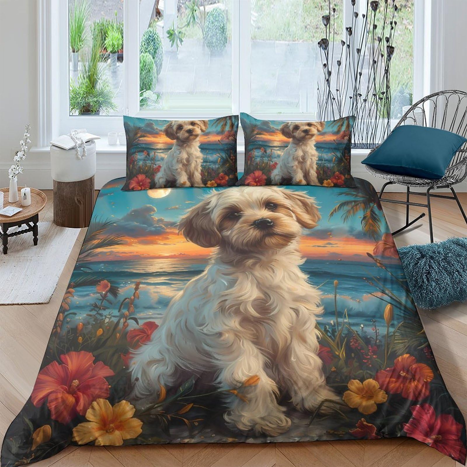 GPLZQXKJNH 3D Printed Dog Beach Sunset Duvet Cover Microfiber Soft Floral Quilt Cover Set with 2 Pillowcases for Bedroom Decor Single（135x200cm）