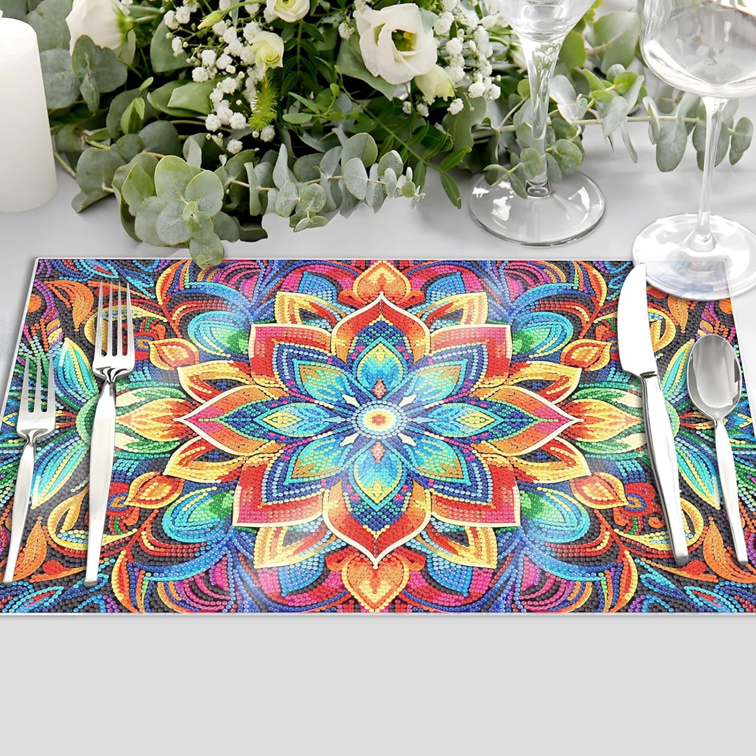 ARTopet 2Pcs DIY Diamond Art Painting Placemat Rectangular Non-Slip PET Table mats with Dust Cover Modern Dining Table Kitchen Diamond Art Place mats Craft Supplies for Home Decor