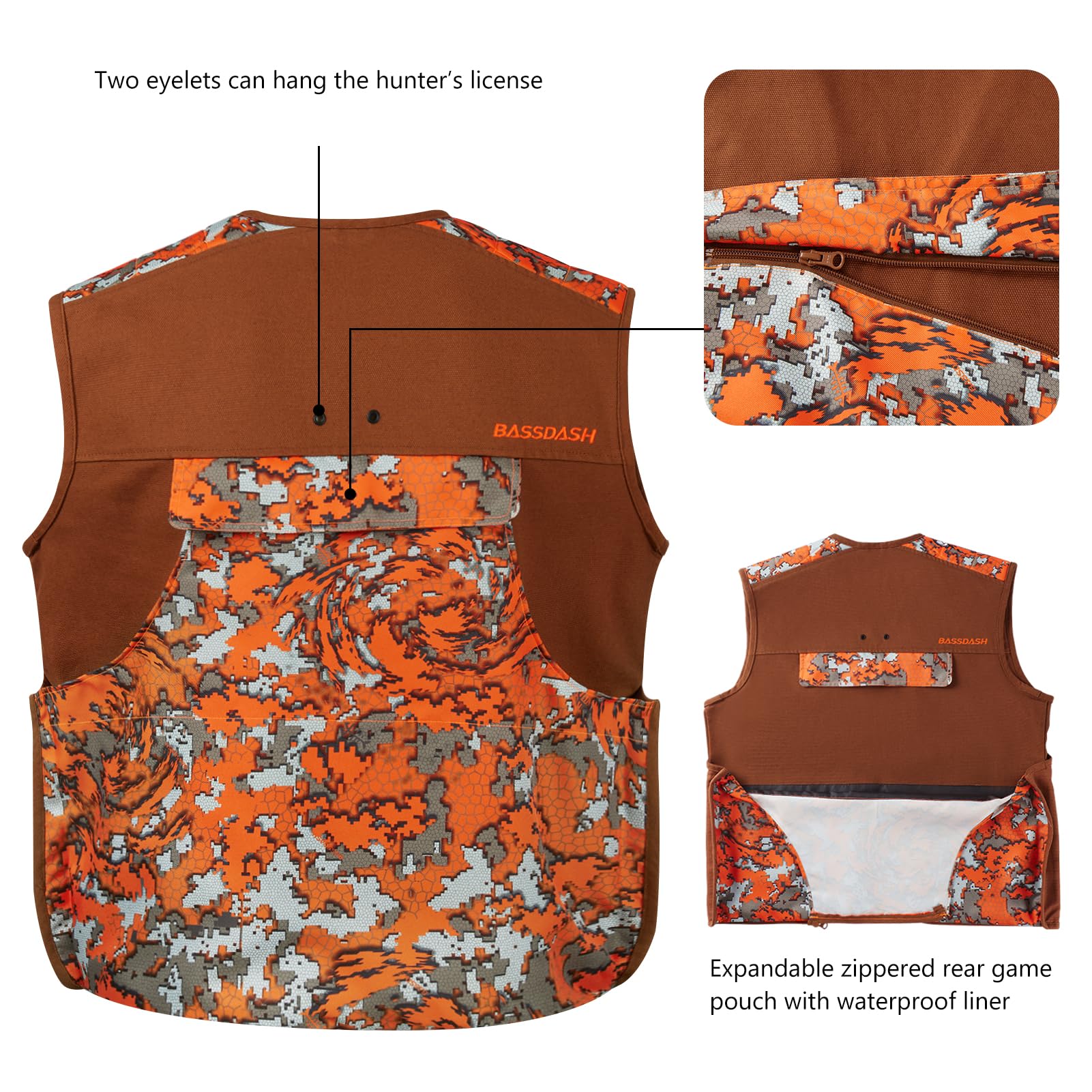 BASSDASH Upland FV11 - Gilet da caccia per uccelli, impermeabile, con tasche multiple, marrone/arancione, da uomo e donna