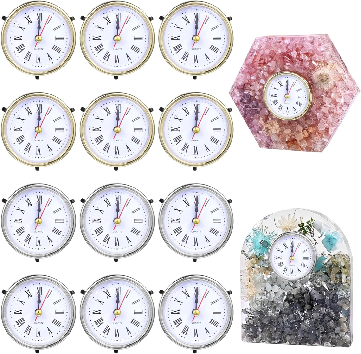 12 Pcs Quartz Clock for Resin Molds, Battery Powered Roman Numerals Clock Pieces, Silver Golden Decor Table Clock for Epoxy Resin Casting, DIY Present