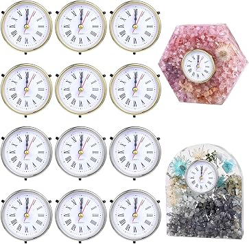 12 PCS Clock Parts for Clock Resin Mold, Roman Numerals Clock Piece for Epoxy Resin Clock Casting Mold, Battery Powered Quartz Clock for Table Clock Decor DIY Present, 2 Colors Golden Silver