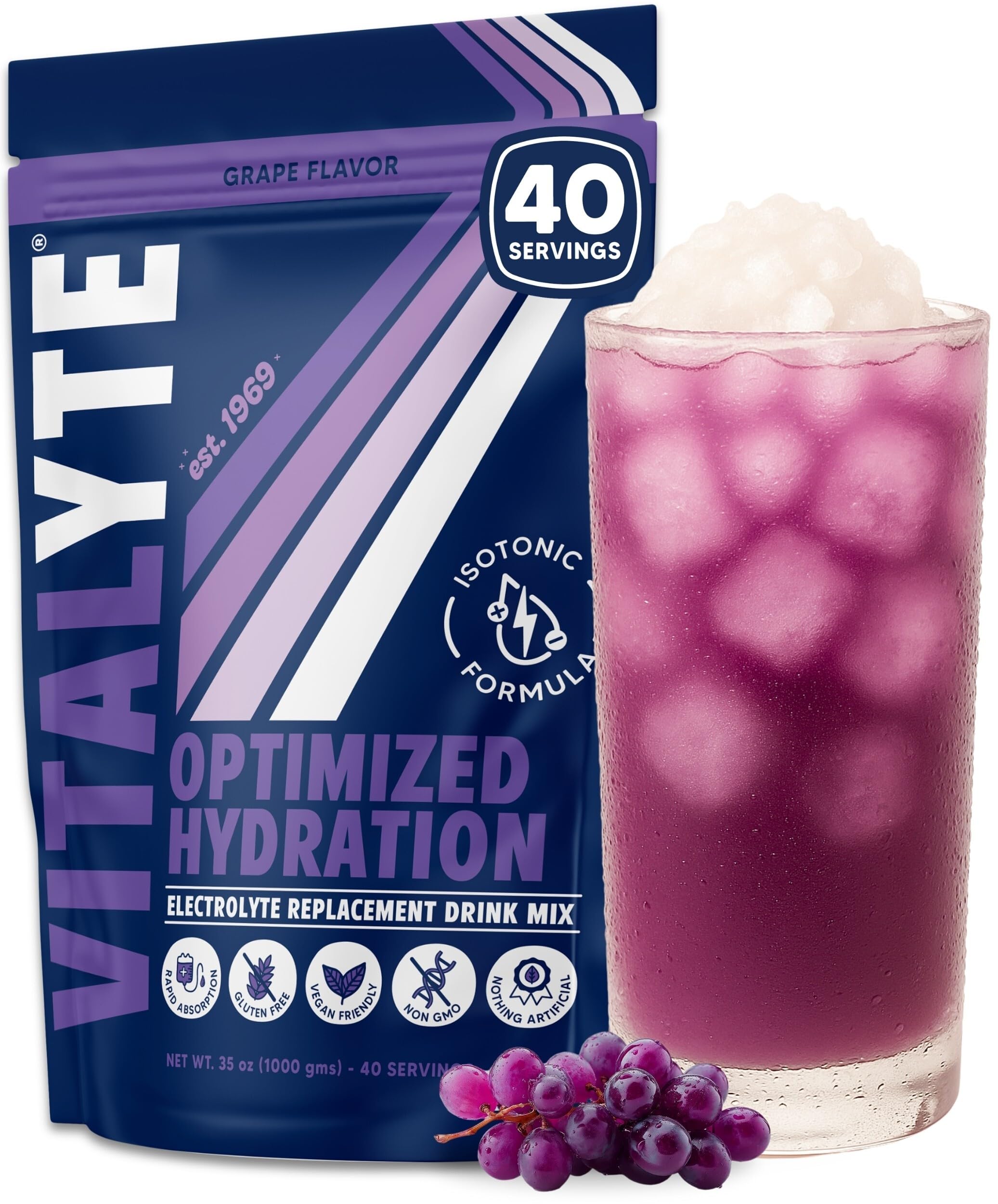 Vitalyte Electrolyte Powder Drink Mix, Isotonic Electrolyte Hydration Mix, Gluten Free Post Workout Powder Mix, Pack of 1, 35 oz., Grape Flavor
