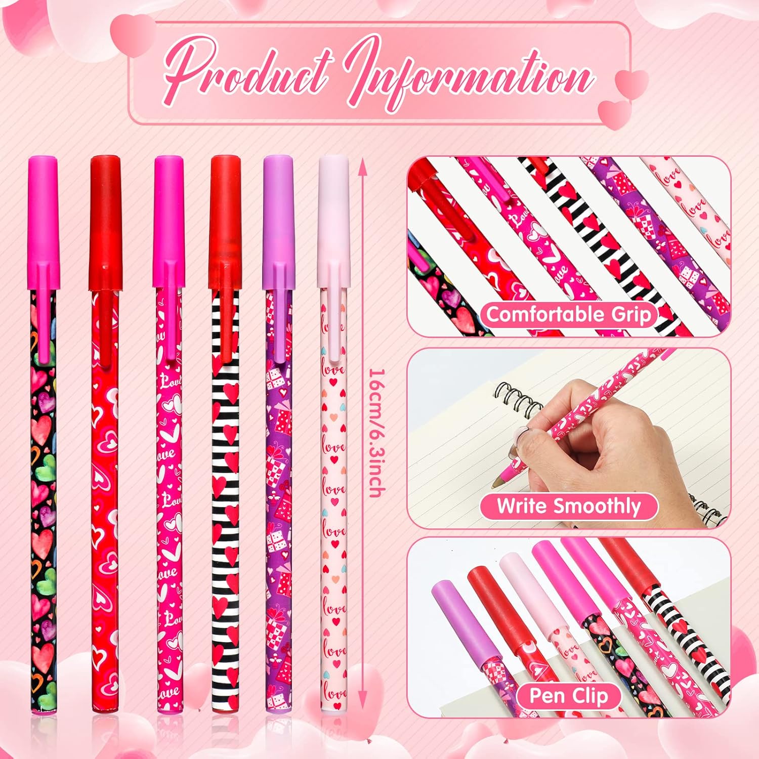 Sepamoon 150 Pcs Valentine's Day Ballpoint Pens Bulk Valentines Day Gift Heart Ballpoint Smooth Writing Pen Black Gel Ink for Wedding Party Office Stationery Colleagues Teacher Birthday Supply, 0.7mm