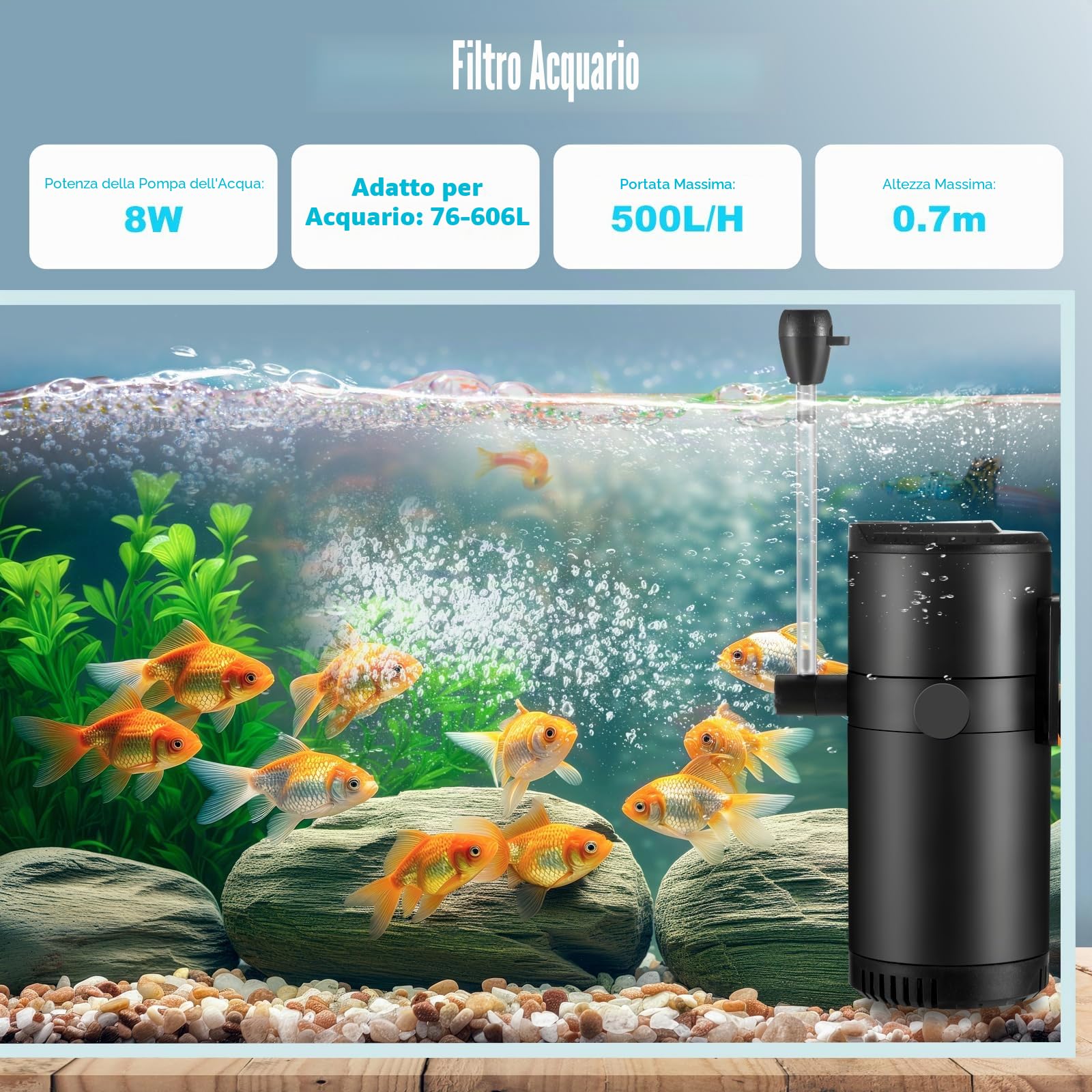 Filtro interno per acquario con flusso da 8 W 500 L/H per acqua pulita, flusso d'aria regolabile, basso rumore, onde e silenzioso