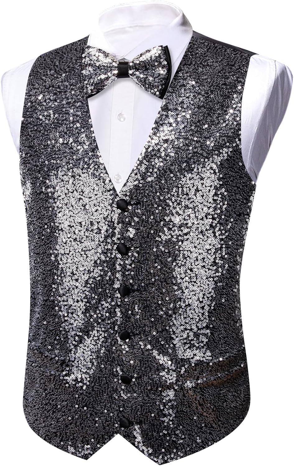 Barry.Wang Mens Sequins Vest Formal/Leisure V-neck Shiny Waistcoat Bowtie Set Prom Party Tuxedo - Image 4
