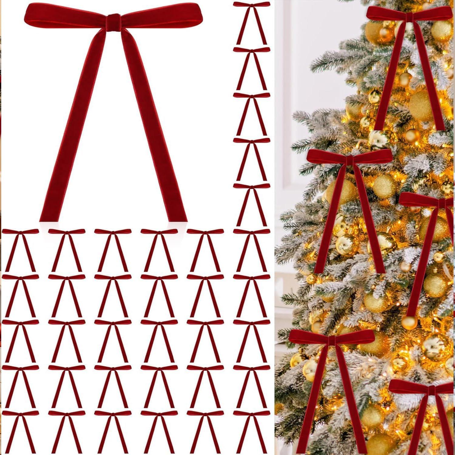 Tasber Red 24 Pcs Velvet Bows For Christmas Tree, Christmas Tree Bows Ornaments, Rustic Bows For Door Garland Wreath Gift Party Decoration (Red)