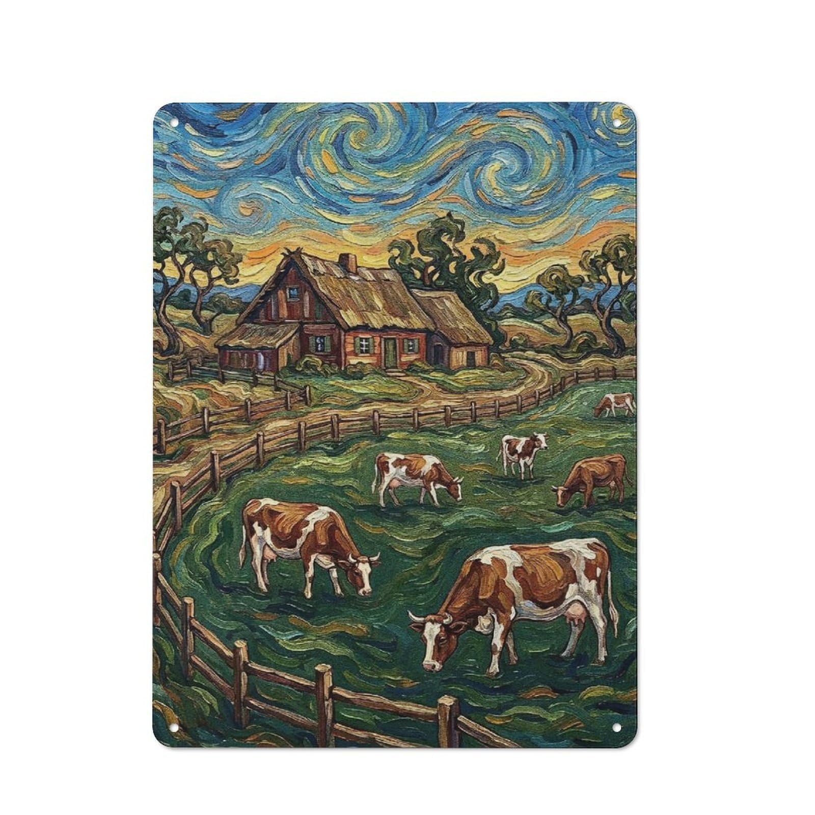 Junmoney Style-22 Cows Grazing Near Farmhouse Painting Tin Wall Sign 40X30cm, Loft Style Industrial Wall Decor For Loft, Studio, Office Or Creative Room