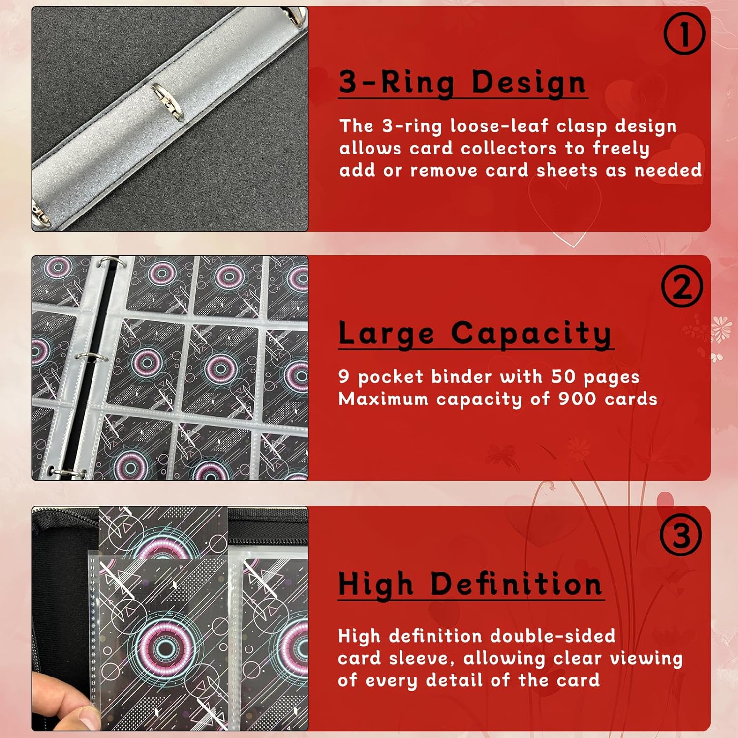 Card Binder 9 Pocket Holder 900 Cards With Zipper,Collection Binder Album Case with 50 Removable Sleeves for Trading Cards