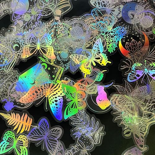 Yoksas Calcomanías Holográficas con Purpurina - 200 Piezas Calcomanías Transparentes de Mariposas Plantas Brujeriles para Álbumes de Recortes,