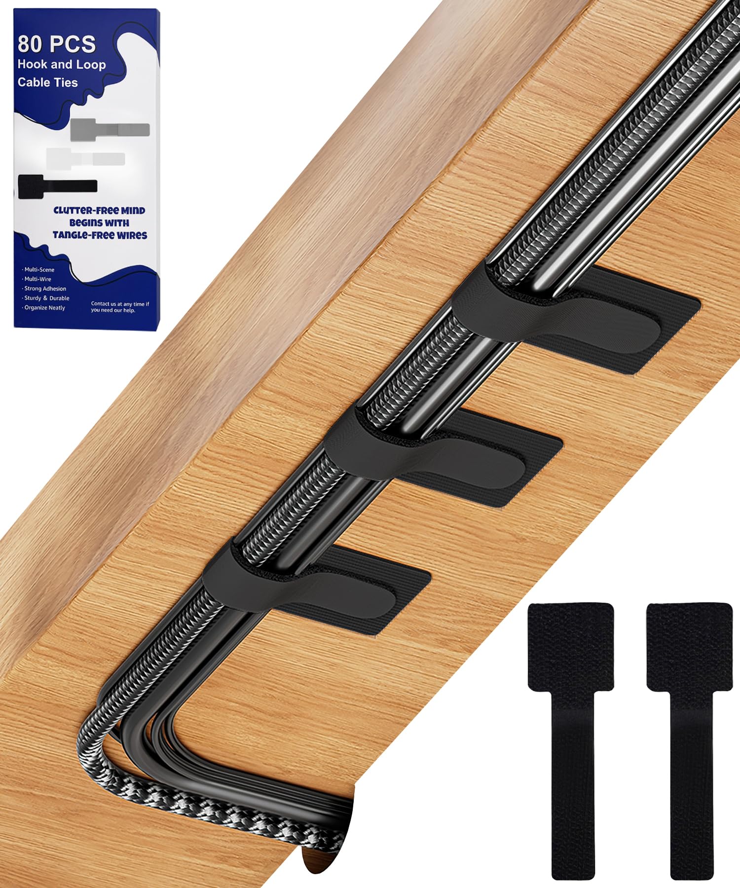 80PCS Hook and Loop Cable Ties, Hook and Loop Cable Straps, Under Desk Cable Management, Adhesive Cable Clips, Sticky-Back Cord Organizer for Desk,