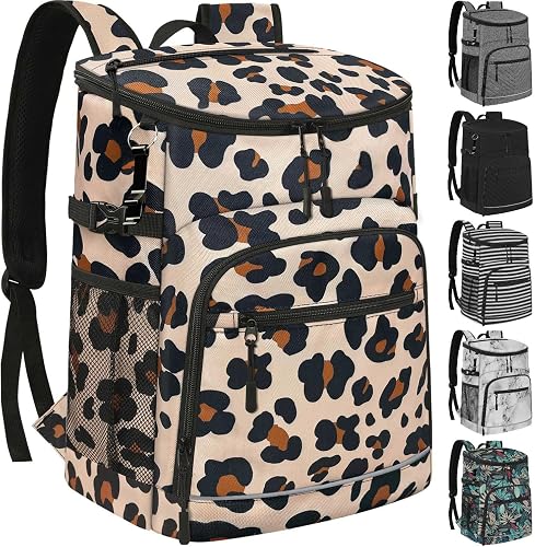 Cooler Backpack Insulated Leakproof Waterproof Backpack Cooler Bag 30 Cans, Large Capacity Lightweight Travel Camping Beach Drink Beverage Beer Bag Cooler Ice Chest for Men and Women, Leopard