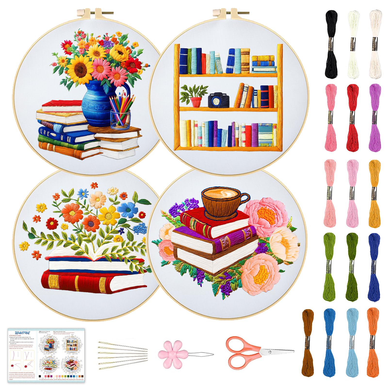 BEUNITONE 4 Set Book Embroidery Kit for Adults Beginners 8'' Flower DIY Cross Stitch Kits Beautiful DIY Needlepoint Starter Kit with Instructions Stamped Embroidery Kit for Home Ofiice Decor