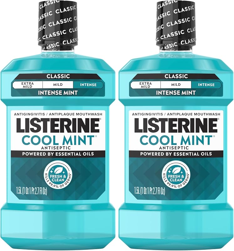 Listerine Cool Mint Antiseptic Mouthwash, Daily Oral Rinse Kills 99% of Germs that Cause Bad Breath, Plaque and Gingivitis for a Fresher, Cleaner Mouth, Cool Mint Flavor, 1.5 L (Pack of 2)