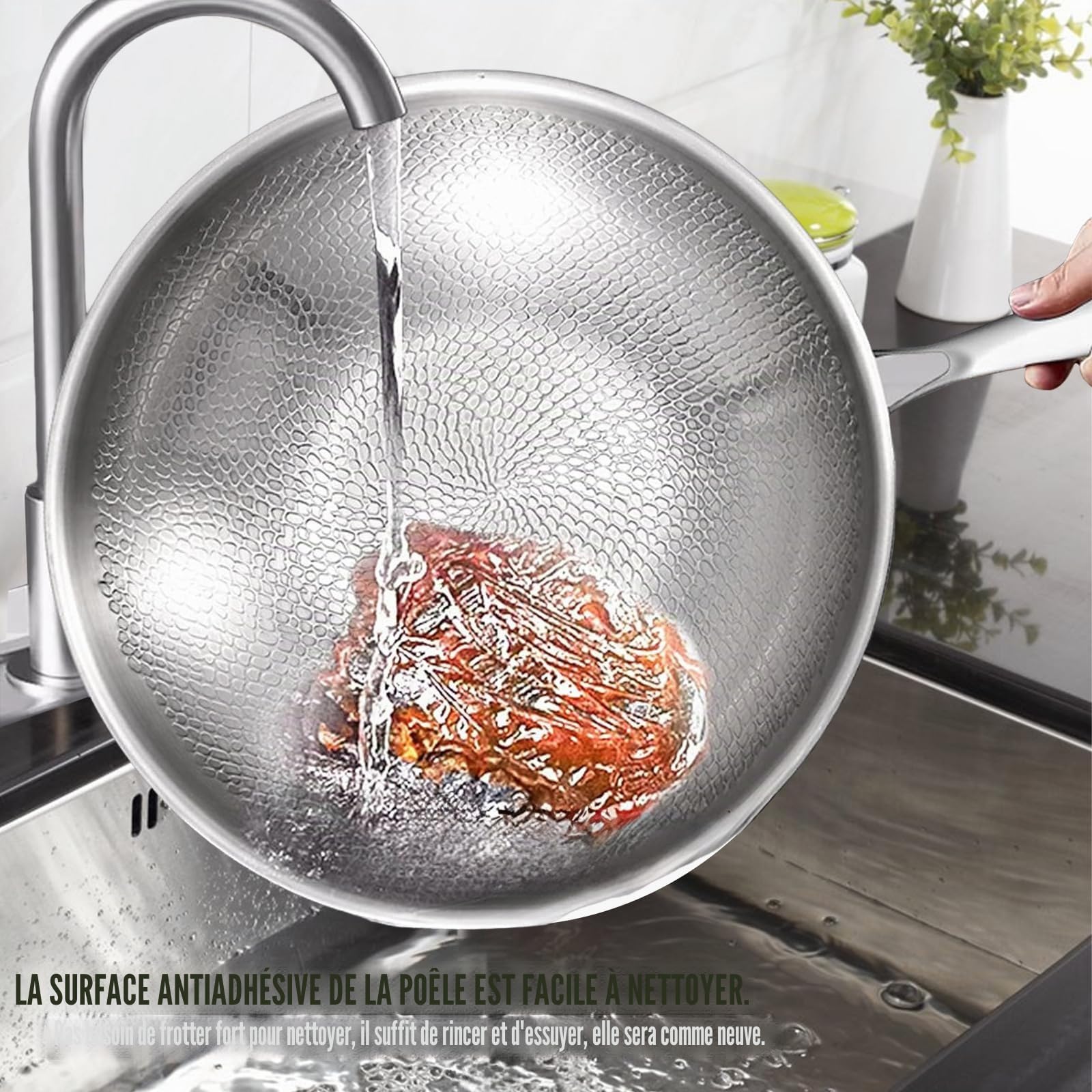 Kouamor Poêle en titane Pro avec couvercle de 25,4 cm/27,9 cm/30,5 cm, poêle à frire en titane, ultra-résistante, anti-rayures, antiadhésive, poêles à revêtement nutritif en titane, multifonctionnelle