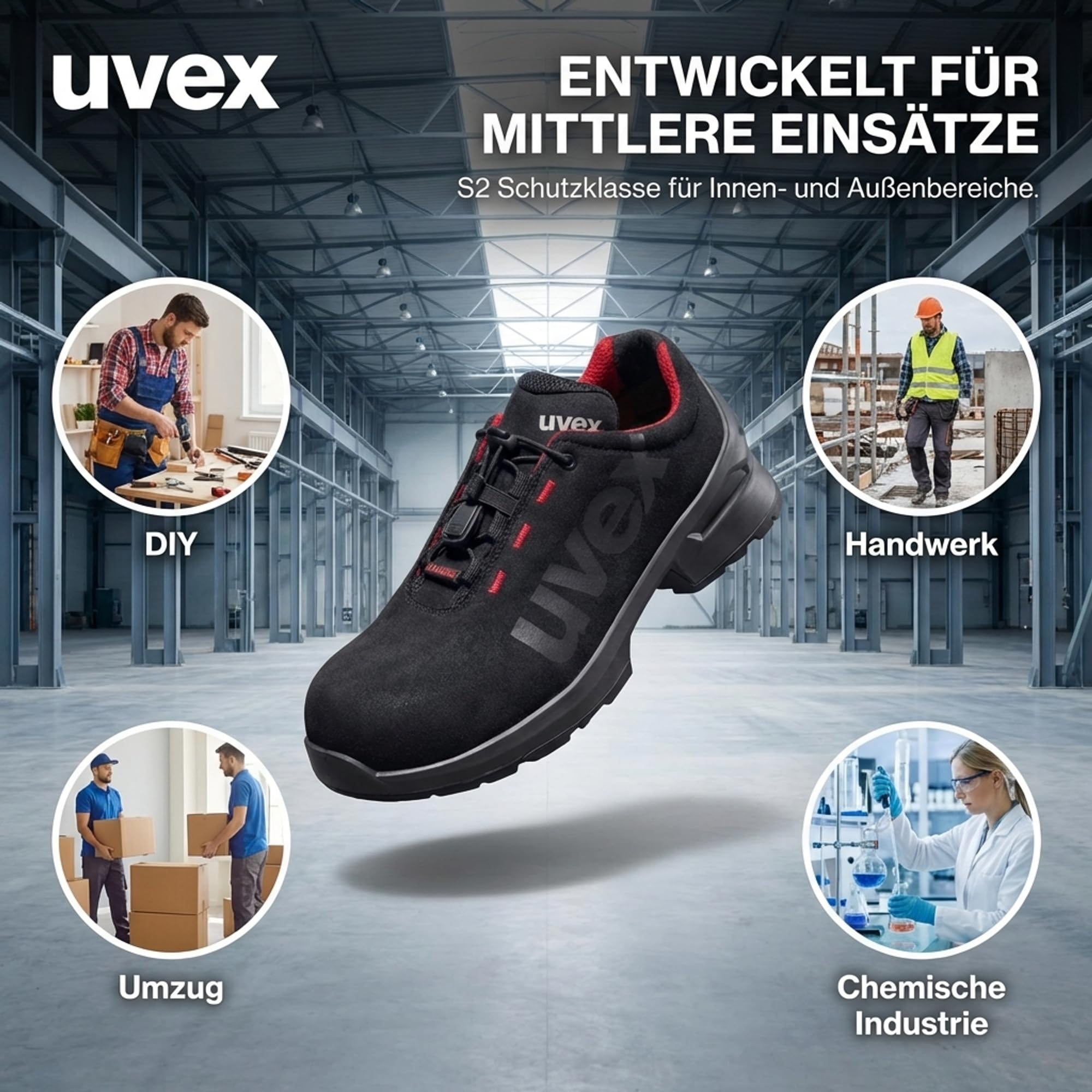 Uvex 1 Duo Halbschuh S2 - Sicherheitsschuh für leichte Bereiche - sportlich, leicht & flexibel - schwarz, rot - Größe 42