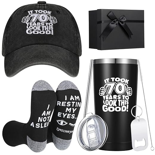 EBOOT 5 Pcs 50/60/70/80th Birthday Gifts for Men, Include Birthday Baseball Cap Coffee Tumbler Cup Socks Keychain Gifts Idea(70th)