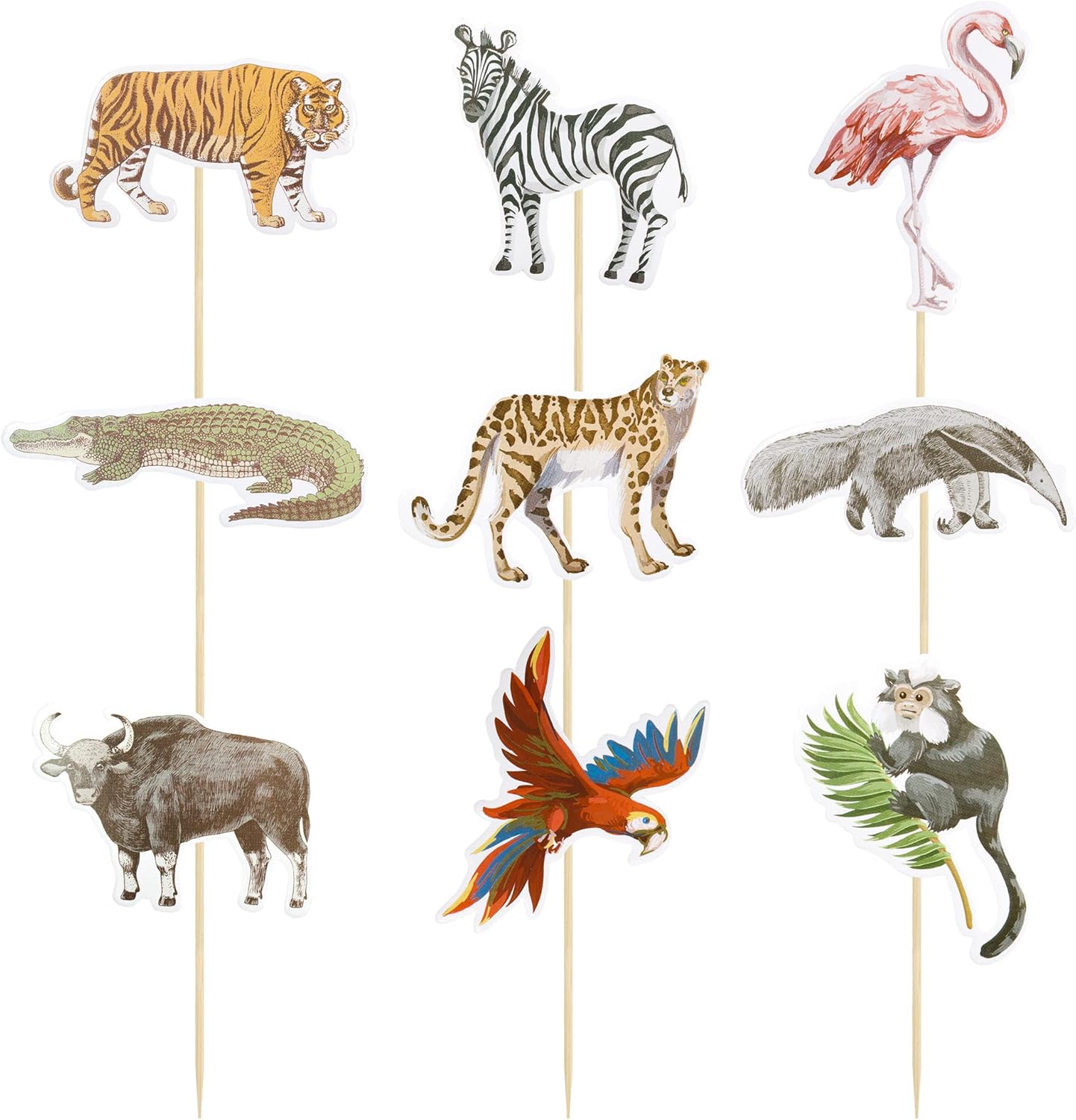Condition photo showing New/Like New for gyufise 36pcs jungle safari animal cupcake toppers tiger zebra cow lion cupcake pick decorations for jungle theme baby shower birthday party cake decorations supplies color 1
