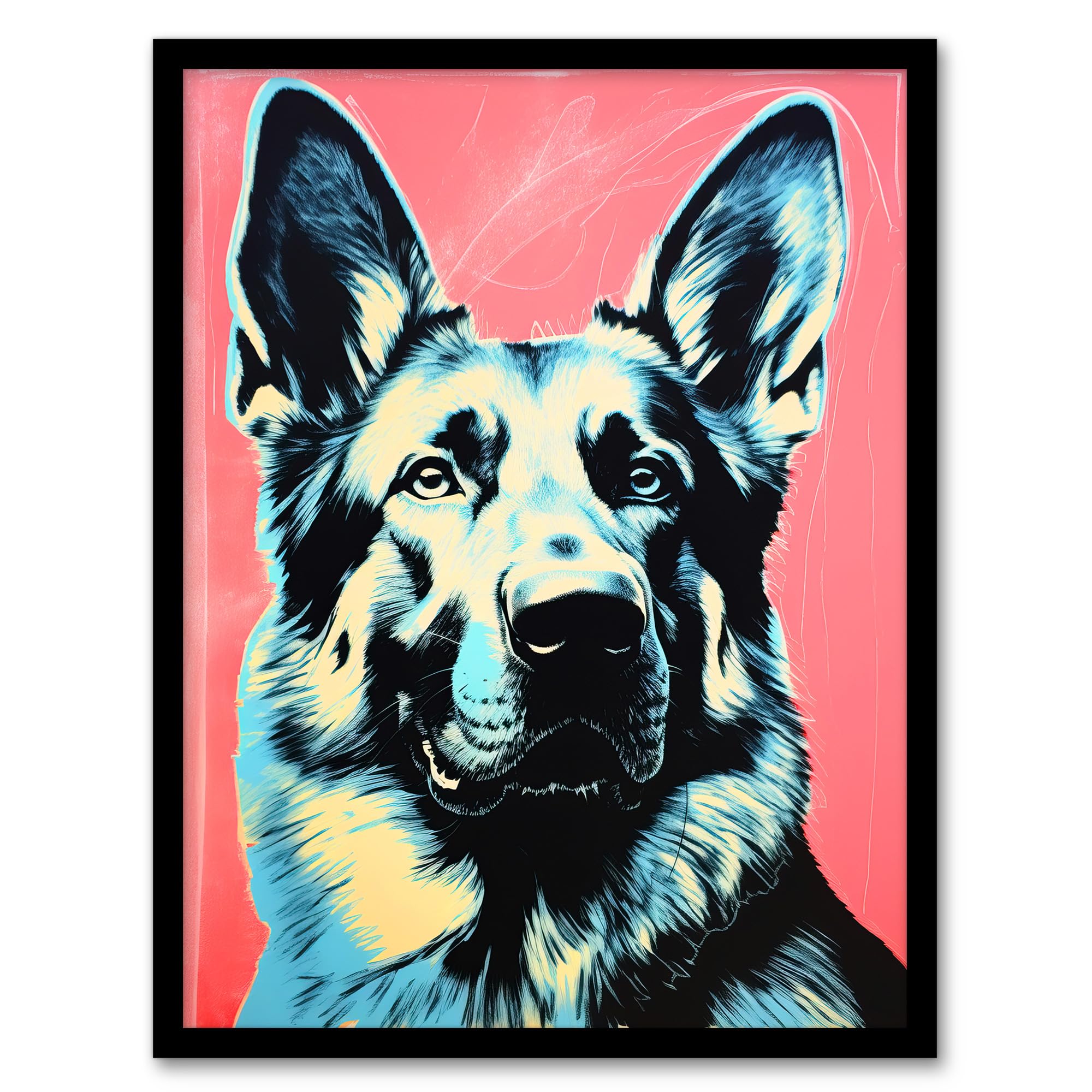 Artery8 German Shepherd Coral Teal Bold Vibrant Screen Print Risograph Artwork Spot Block Colour Duotone Retro Riso Interior Design Blue Salmon Artwork Framed Wall Art Print A4