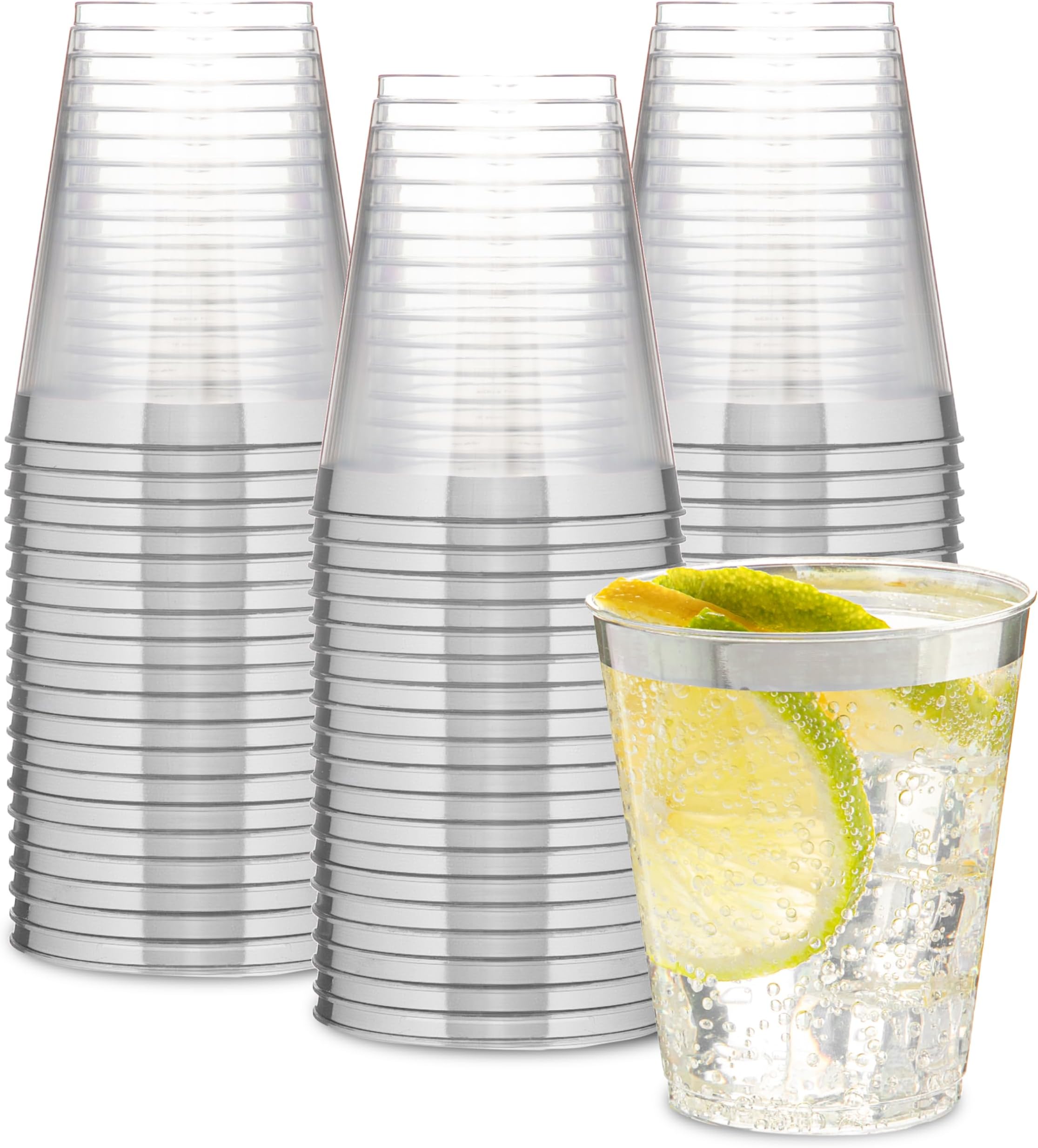 50 Silver Glitter Clear Hard Plastic Cups 10 oz. Fancy