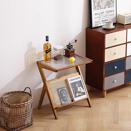 Miniatura 5 de Tiita Mesa auxiliar de ratán, mesita de noche de mediados de siglo, mesas de noche de bambú con acento de bambú, mesas de café de cristal, mesa