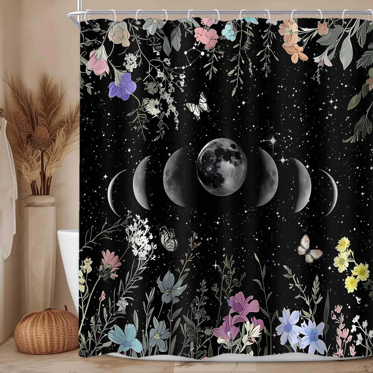 PAEOT Moon Phase Shower Curtain Witchy Celestial Black Galaxy Star Space Vintage Boho Dark Floral Plant Shower Curtains 72x72Inch Polyester Whimsical