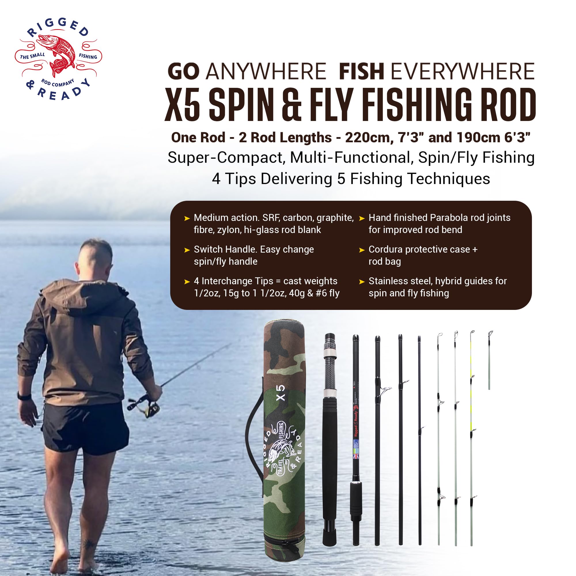 Rigged & Ready X Series™ Travel Fishing Rods. 6 Super Compact Combos and Rods, Multi-Functional, Spinning Poles. 5 to 25 Techniques from one Rod. Spin, Bass, Carp, Fly. Fresh & Saltwater Angling.